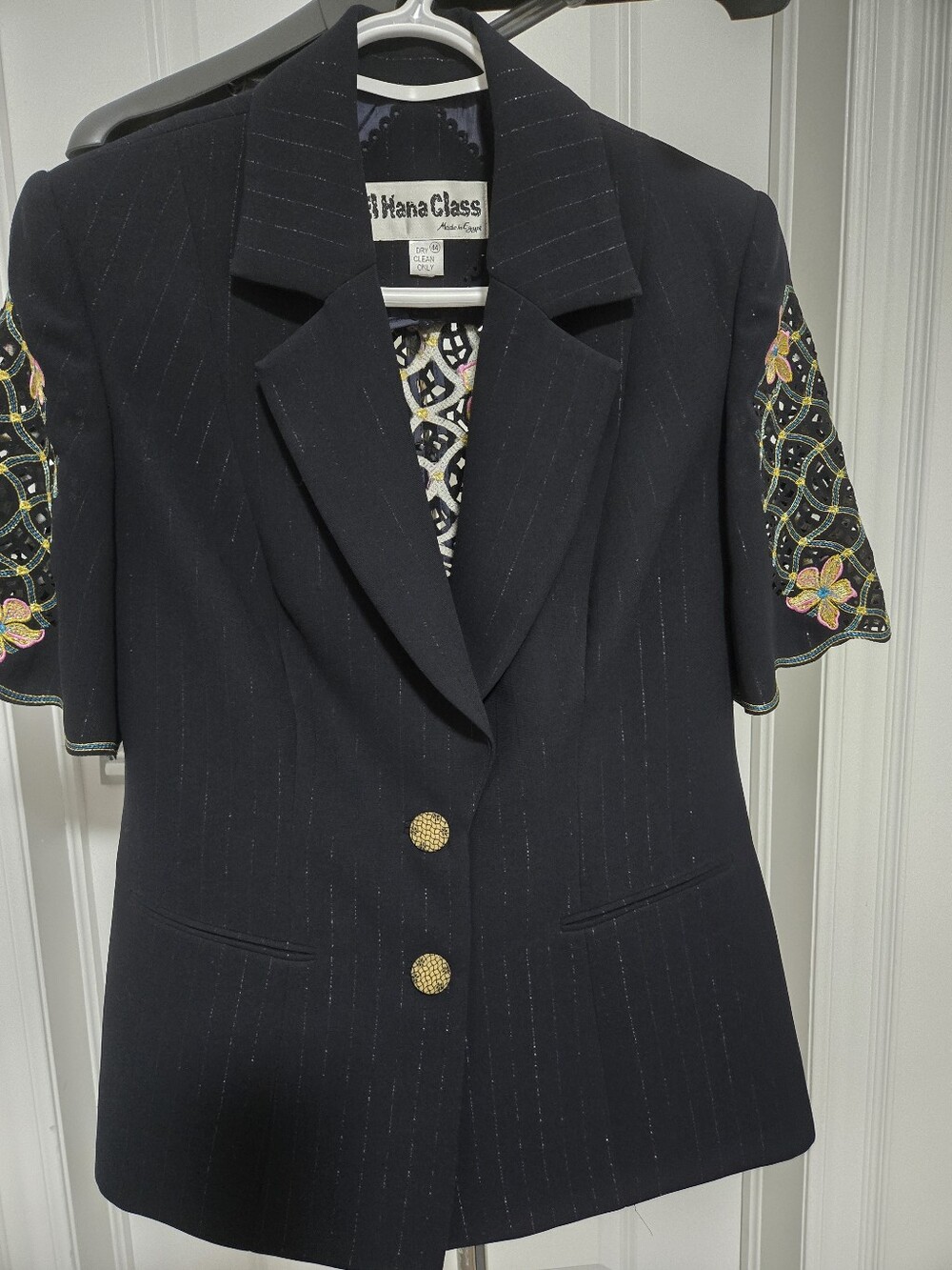vintage shiny pinstripe blazer with embroidered design on the back & Sleeves